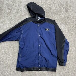 Nike Windbreaker Jacket Youth XL Blue Black Vintage 90s Hooded Snap Front Logo